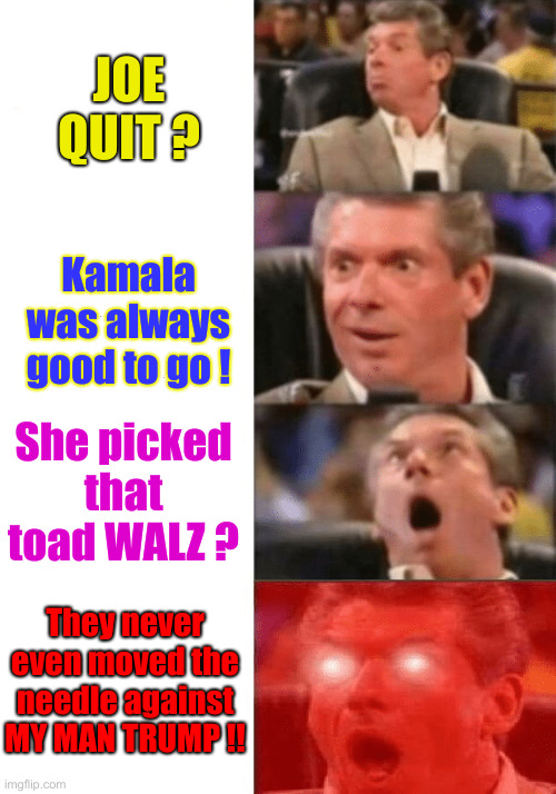 What A Rollercoaster Ride ! | JOE QUIT ? Kamala was always good to go ! She picked that toad WALZ ? They never even moved the needle against MY MAN TRUMP !! | image tagged in keeps getting better,political meme,politics,funny memes,funny | made w/ Imgflip meme maker