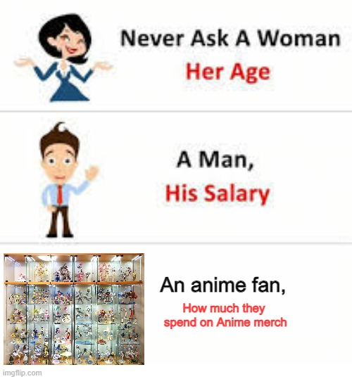 Never ask a woman her age | An anime fan, How much they
 spend on Anime merch | image tagged in never ask a woman her age | made w/ Imgflip meme maker