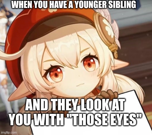 Klee - genshin impact | WHEN YOU HAVE A YOUNGER SIBLING; AND THEY LOOK AT YOU WITH "THOSE EYES" | image tagged in klee - genshin impact | made w/ Imgflip meme maker