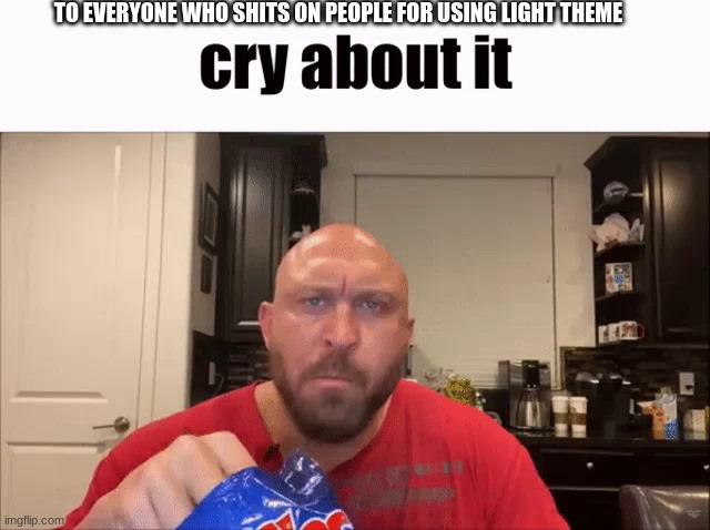 Cry About It | TO EVERYONE WHO SHITS ON PEOPLE FOR USING LIGHT THEME | image tagged in cry about it,keepcoping,sensitiveeyes | made w/ Imgflip meme maker