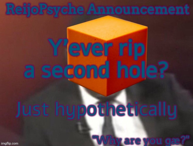 . | Y'ever rip a second hole? Just hypothetically | image tagged in reijopsyche announcement steal if you're gay | made w/ Imgflip meme maker