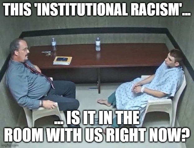 They're Everywhere! | THIS 'INSTITUTIONAL RACISM'... ... IS IT IN THE ROOM WITH US RIGHT NOW? | image tagged in are they in the room with us right now | made w/ Imgflip meme maker