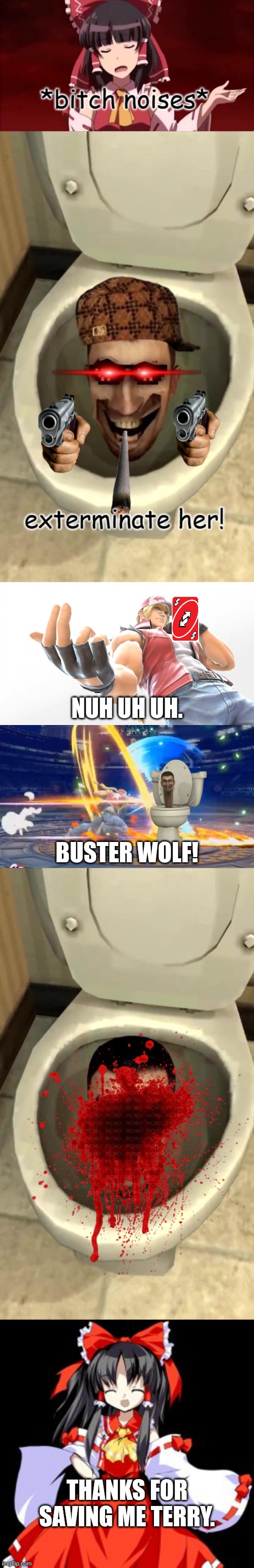 Terry Bogard saves Reimu Hakurei and kills Skibidi Toilet | NUH UH UH. BUSTER WOLF! THANKS FOR SAVING ME TERRY. | image tagged in terry bogard smash ultimate,are you okay,skibidi toilet,reimu hakurei | made w/ Imgflip meme maker