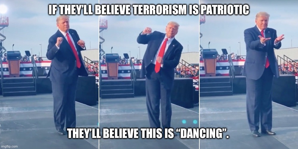 Even better dancer than a business man ! Lol! | IF THEY’LL BELIEVE TERRORISM IS PATRIOTIC; THEY’LL BELIEVE THIS IS “DANCING”. | image tagged in trump dancing | made w/ Imgflip meme maker