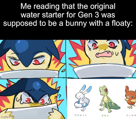 I was so focused on typhlosion I missed the real important part of the leak | Me reading that the original water starter for Gen 3 was supposed to be a bunny with a floaty: | made w/ Imgflip meme maker