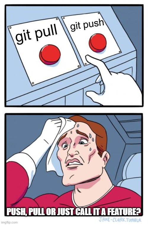 Two Buttons | git push; git pull; PUSH, PULL OR JUST CALL IT A FEATURE? | image tagged in memes,two buttons | made w/ Imgflip meme maker