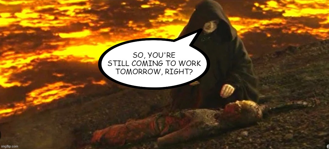 Emperor to Darth | SO, YOU'RE STILL COMING TO WORK TOMORROW, RIGHT? | image tagged in star wars,darth vader,emperor palpatine | made w/ Imgflip meme maker