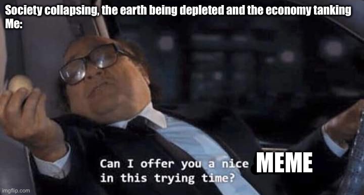 Society collapsing | Society collapsing, the earth being depleted and the economy tanking
Me:; MEME | image tagged in can i offer you a nice egg in this trying time,end times,society,meme | made w/ Imgflip meme maker