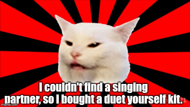 Smudge Lol | I couldn't find a singing partner, so l bought a duet yourself kit. | image tagged in starburst smudge,funny meme,cat,smudge the cat,lol | made w/ Imgflip meme maker