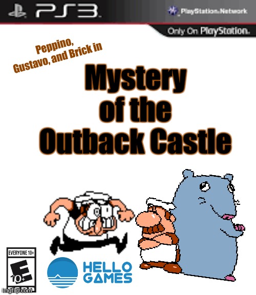 The Mystery | Mystery of the Outback Castle; Peppino, Gustavo, and Brick in | image tagged in modern ps3 game case | made w/ Imgflip meme maker