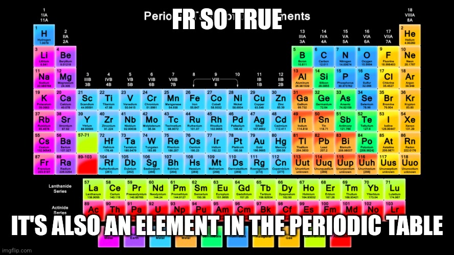 Periodic Table of Elements | FR SO TRUE IT'S ALSO AN ELEMENT IN THE PERIODIC TABLE | image tagged in periodic table of elements | made w/ Imgflip meme maker