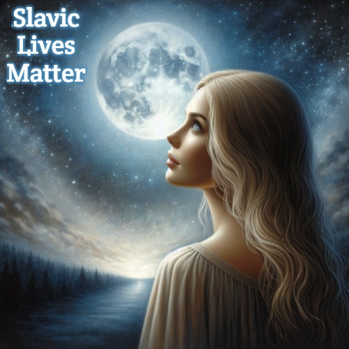 Blonde lady looking up at starry night sky full moon | Slavic Lives Matter | image tagged in blonde lady looking up at starry night sky full moon,slavic | made w/ Imgflip meme maker