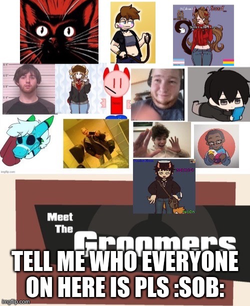 Meet the groomers October 2024 update | TELL ME WHO EVERYONE ON HERE IS PLS :SOB: | image tagged in meet the groomers october 2024 update | made w/ Imgflip meme maker