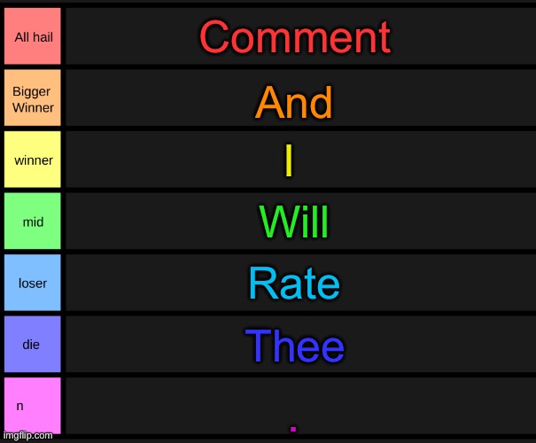 yoshi's tier list | Comment; And; I; Will; Rate; Thee; . | image tagged in yoshi's tier list | made w/ Imgflip meme maker