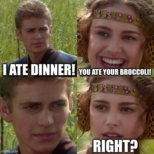 Anakin Padme 4 Panel | I ATE DINNER! YOU ATE YOUR BROCCOLI! RIGHT? | image tagged in anakin padme 4 panel | made w/ Imgflip meme maker