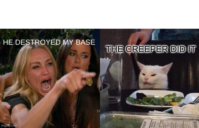 Woman Yelling At Cat | HE DESTROYED MY BASE; THE CREEPER DID IT | image tagged in memes,woman yelling at cat,minecraft | made w/ Imgflip meme maker