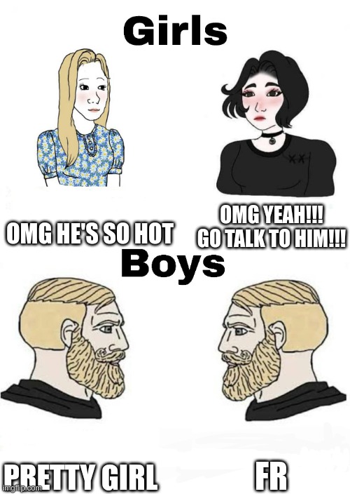 Girls vs Boys | OMG HE'S SO HOT; OMG YEAH!!! GO TALK TO HIM!!! FR; PRETTY GIRL | image tagged in girls vs boys | made w/ Imgflip meme maker