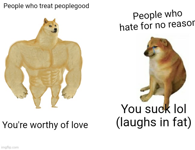 Be nice to eachother | People who treat peoplegood; People who hate for no reason; You suck lol (laughs in fat); You're worthy of love | image tagged in memes,buff doge vs cheems | made w/ Imgflip meme maker