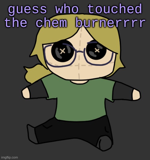 Disco Plushie | guess who touched the chem burnerrrr | image tagged in disco plushie | made w/ Imgflip meme maker