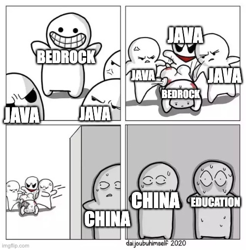 This Won't End Well... | JAVA; BEDROCK; JAVA; JAVA; BEDROCK; JAVA; JAVA; CHINA; EDUCATION; CHINA | image tagged in guy getting beat up other hiding | made w/ Imgflip meme maker