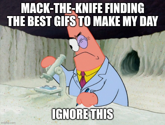 Patrick smart scientist | MACK-THE-KNIFE FINDING THE BEST GIFS TO MAKE MY DAY IGNORE THIS | image tagged in patrick smart scientist | made w/ Imgflip meme maker