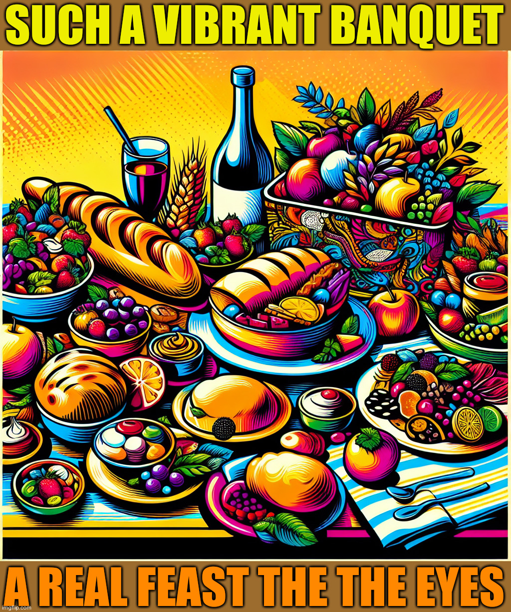 glorious spread | SUCH A VIBRANT BANQUET; A REAL FEAST THE THE EYES | image tagged in banquet on table | made w/ Imgflip meme maker