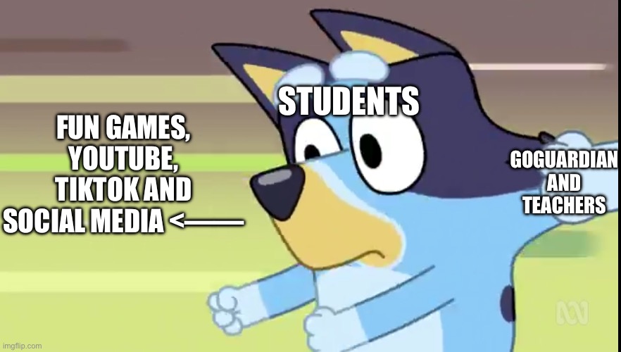 Alright alright no more GoGuardian memes. | FUN GAMES, YOUTUBE, TIKTOK AND SOCIAL MEDIA <——; STUDENTS; GOGUARDIAN AND TEACHERS | image tagged in bluey,goguardian,dad,bandit heeler change my mind,bandit | made w/ Imgflip meme maker