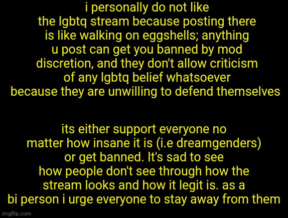 I guess its just unhealthy there | i personally do not like the lgbtq stream because posting there is like walking on eggshells; anything u post can get you banned by mod discretion, and they don't allow criticism of any lgbtq belief whatsoever because they are unwilling to defend themselves; its either support everyone no matter how insane it is (i.e dreamgenders) or get banned. It's sad to see how people don't see through how the stream looks and how it legit is. as a bi person i urge everyone to stay away from them | image tagged in cyrus temp | made w/ Imgflip meme maker