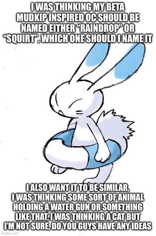 I WAS THINKING MY BETA MUDKIP INSPIRED OC SHOULD BE NAMED EITHER “RAINDROP” OR “SQUIRT”, WHICH ONE SHOULD I NAME IT; I ALSO WANT IT TO BE SIMILAR, I WAS THINKING SOME SORT OF ANIMAL HOLDING A WATER GUN OR SOMETHING LIKE THAT, I WAS THINKING A CAT BUT I’M NOT SURE, DO YOU GUYS HAVE ANY IDEAS | made w/ Imgflip meme maker