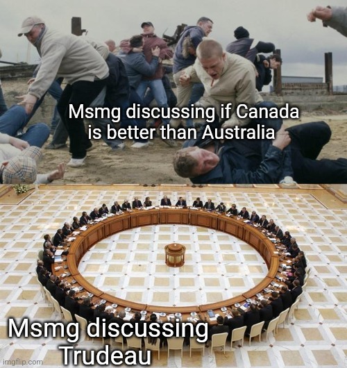 Men Discussing Men Fighting | Msmg discussing if Canada is better than Australia; Msmg discussing Trudeau | image tagged in men discussing men fighting | made w/ Imgflip meme maker