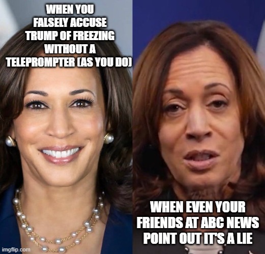 Lying Kamala | WHEN YOU FALSELY ACCUSE TRUMP OF FREEZING WITHOUT A TELEPROMPTER (AS YOU DO); WHEN EVEN YOUR FRIENDS AT ABC NEWS POINT OUT IT'S A LIE | image tagged in kamala harris | made w/ Imgflip meme maker