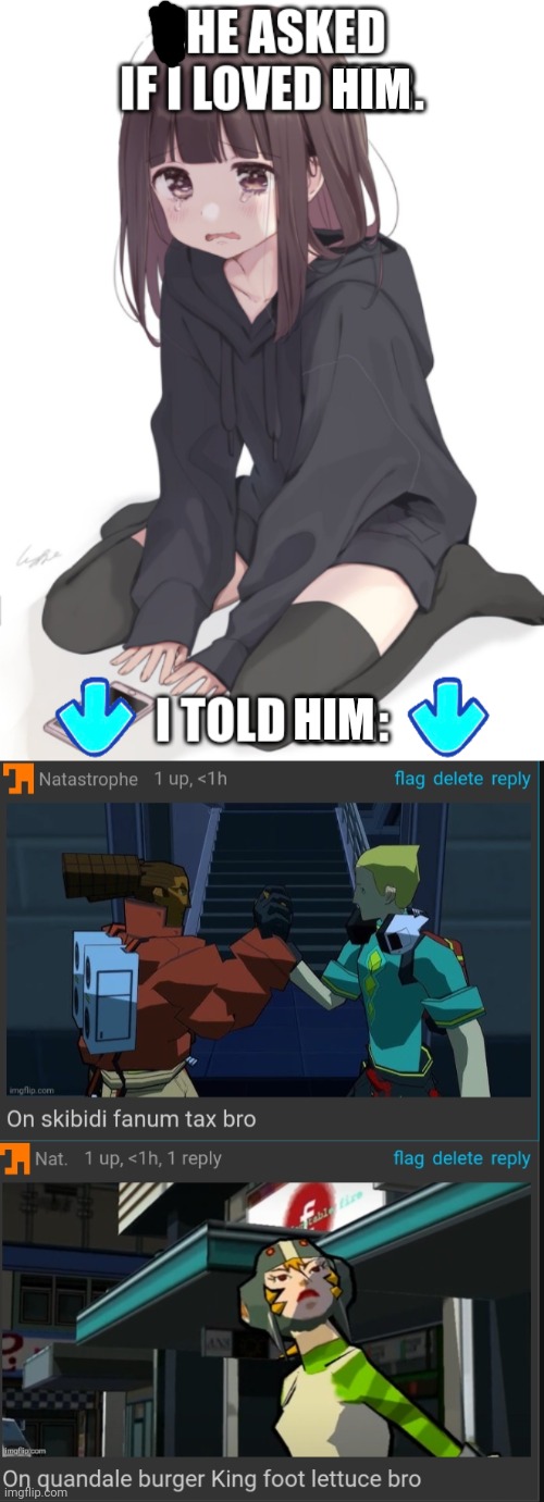 HIM; HIM | image tagged in she asked if i loved her,on skibidi fanum tax bro,on quandale burger king foot lettuce bro | made w/ Imgflip meme maker