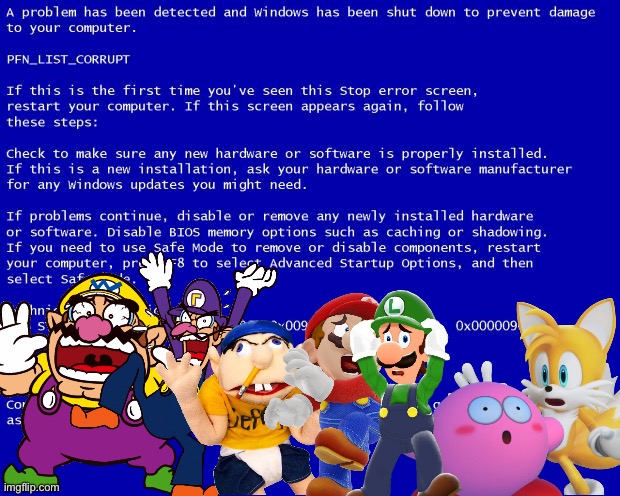 Wario and Friends dies in the blue screen of death after partying in a Giant computer | image tagged in blue screen of death,wario dies,crossover | made w/ Imgflip meme maker