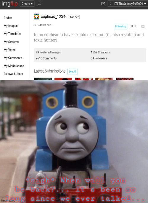 Remember him? I highly doubt he's ever coming back | *sigh* When will you be back?... It's been so long since we ever talked... | image tagged in worried thomas | made w/ Imgflip meme maker