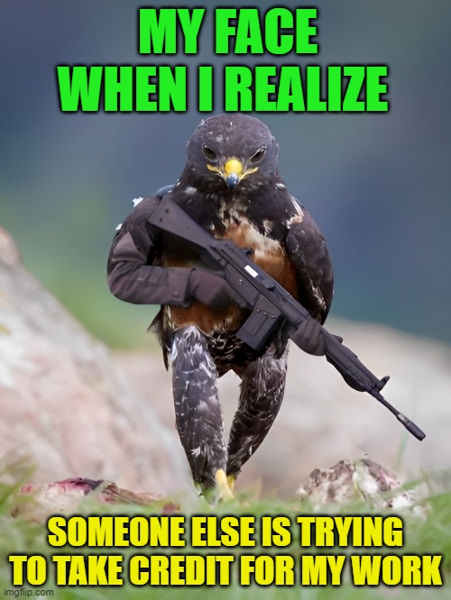 That feeling! | MY FACE WHEN I REALIZE; SOMEONE ELSE IS TRYING TO TAKE CREDIT FOR MY WORK | image tagged in memes | made w/ Imgflip meme maker