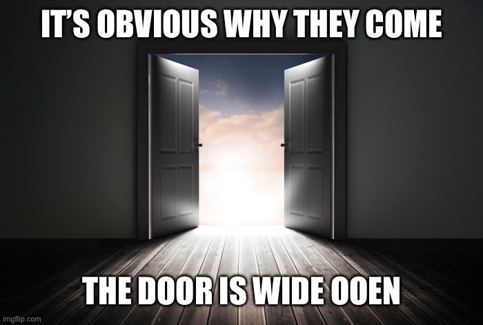 Open door | IT’S OBVIOUS WHY THEY COME THE DOOR IS WIDE OOEN | image tagged in open door | made w/ Imgflip meme maker