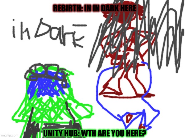 Drone rebirth trying to kill Unity hub | REBIRTH: IN IN DARK HERE; UNITY HUB: WTH ARE YOU HERE? | image tagged in murder | made w/ Imgflip meme maker