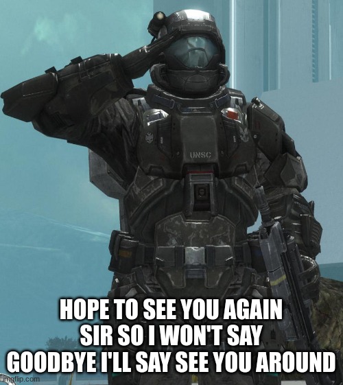 ODST salute | HOPE TO SEE YOU AGAIN SIR SO I WON'T SAY GOODBYE I'LL SAY SEE YOU AROUND | image tagged in odst salute | made w/ Imgflip meme maker