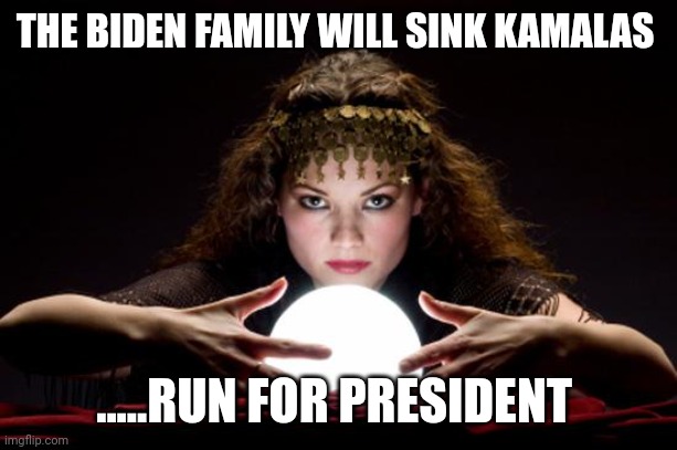 F....around and find out | THE BIDEN FAMILY WILL SINK KAMALAS; .....RUN FOR PRESIDENT | image tagged in fortune teller | made w/ Imgflip meme maker