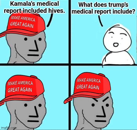 NPC Meme | Kamala's medical report included hives. What does trump's medical report include? | image tagged in npc meme | made w/ Imgflip meme maker