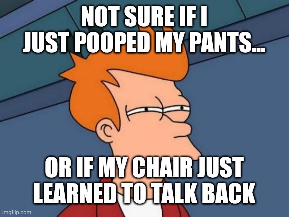 Idk | NOT SURE IF I JUST POOPED MY PANTS... OR IF MY CHAIR JUST LEARNED TO TALK BACK | image tagged in memes,futurama fry | made w/ Imgflip meme maker