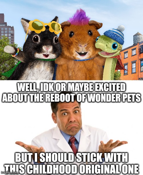 My Opinion on Wonder Pets Reboot: | WELL, IDK OR MAYBE EXCITED ABOUT THE REBOOT OF WONDER PETS; BUT I SHOULD STICK WITH THIS CHILDHOOD ORIGINAL ONE | image tagged in confused doctor,meme,opinion,wonder pets,reboot,reaction | made w/ Imgflip meme maker