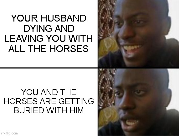 Lefkandi Wife be like | YOUR HUSBAND DYING AND LEAVING YOU WITH ALL THE HORSES; YOU AND THE HORSES ARE GETTING BURIED WITH HIM | image tagged in oh yeah oh no | made w/ Imgflip meme maker