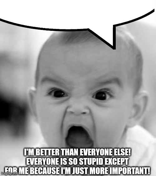 Angry Baby Meme | I'M BETTER THAN EVERYONE ELSE! EVERYONE IS SO STUPID EXCEPT FOR ME BECAUSE I'M JUST MORE IMPORTANT! | image tagged in memes,angry baby | made w/ Imgflip meme maker