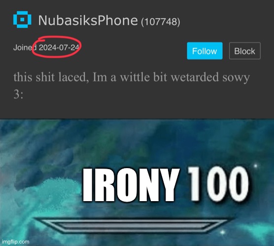 IRONY | image tagged in skyrim skill 100 meme | made w/ Imgflip meme maker