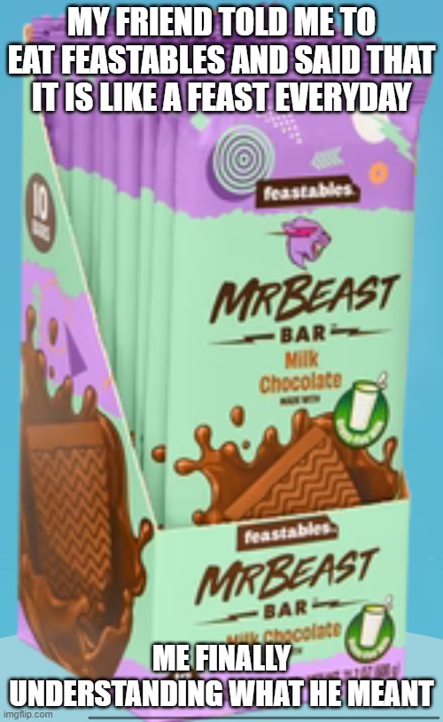 Feastables chocolate | MY FRIEND TOLD ME TO EAT FEASTABLES AND SAID THAT IT IS LIKE A FEAST EVERYDAY; ME FINALLY UNDERSTANDING WHAT HE MEANT | image tagged in feastables chocolate | made w/ Imgflip meme maker