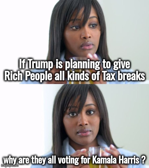 Another Campaign Lie Debunked | If Trump is planning to give Rich People all kinds of Tax breaks; why are they all voting for Kamala Harris ? | image tagged in black woman drinking tea 2 panels,arrogant rich man,kamala harris,elite scum loves kamala,politicians suck | made w/ Imgflip meme maker