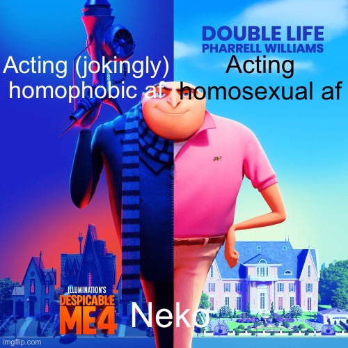 Neko lives that double life | Acting homosexual af; Acting (jokingly) homophobic af; Neko | image tagged in double life | made w/ Imgflip meme maker