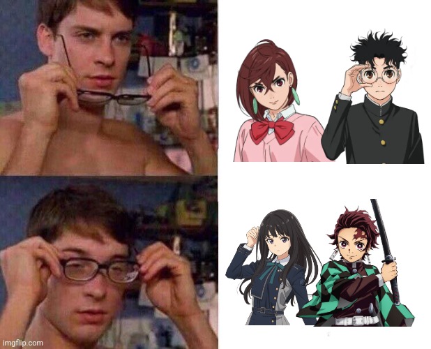 How we see Momo and Okarun's VAs be like | image tagged in spiderman glasses,anime,dandadan,okarun,ayase momo,same voice actor | made w/ Imgflip meme maker