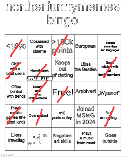 northerfunnymemes bingo | APPARENTLY YEAH | image tagged in northerfunnymemes bingo | made w/ Imgflip meme maker